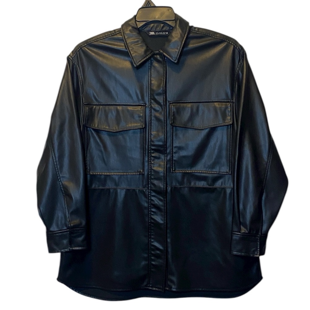 Zara Faux Leather Overshirt Women’s Small Black Oversized Collared Shacket